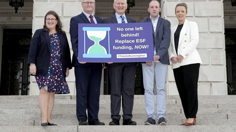 Kellie Armstrong MLA, Norman Sterritt, NIUSE, David Babington,  Action Mental Health, Conor McGinnity, Mencap service user, and Liz Kimmins MLA, at the Stormont event calling for clarity on disability service funding  