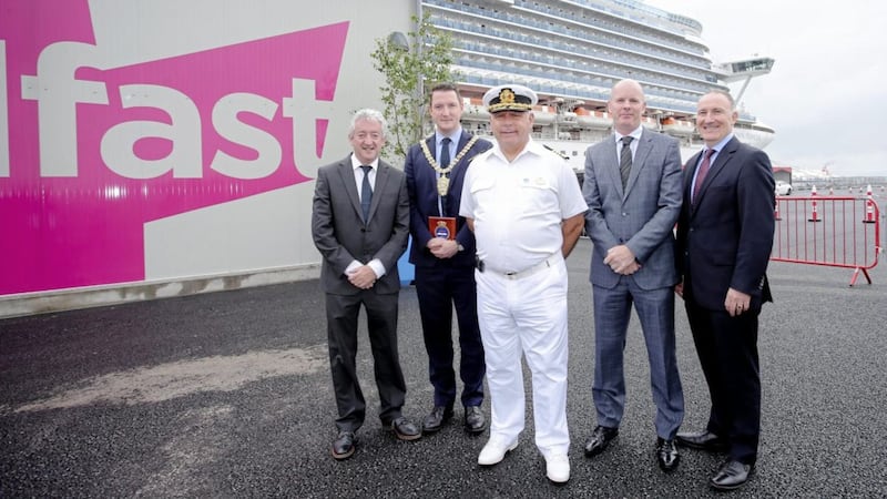 Opening the new cruise terminal in Belfast Harbour are: John McGrillen, CEO of Tourism Northern Ireland; Lord Mayor of Belfast, John Finucane; Captain Domenico Lubrano Lavadera of the Crown Princess; Belfast Harbour&rsquo;s CEO Joe O&rsquo;Neill; and Gerry Lennon, CEO of Visit Belfast. Picture: Philip Magowan / PressEye 