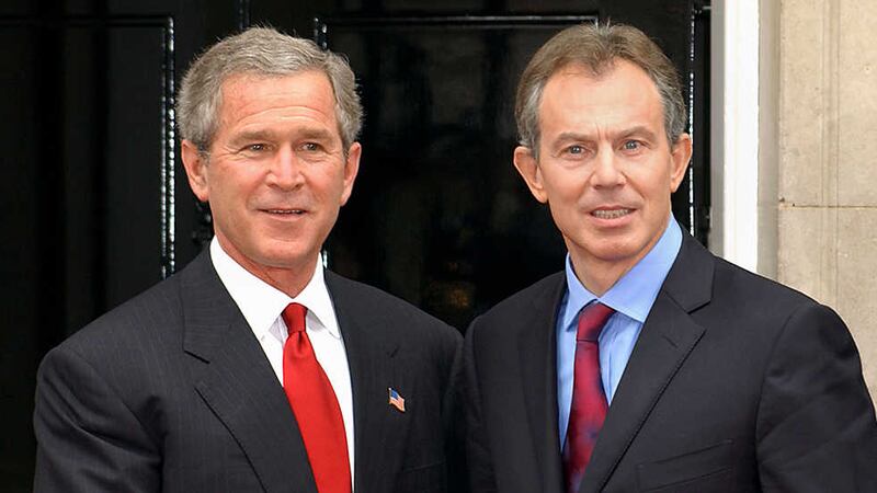 File photo dated 19/11/03 of former British Prime Minister Tony Blair (right) alongside former US President George Bush&nbsp;
