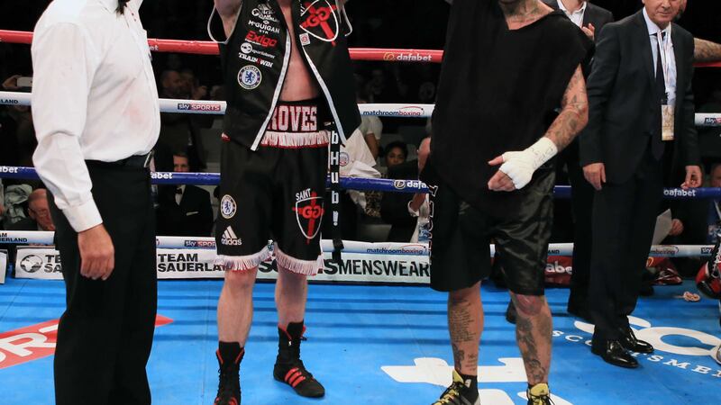 George&nbsp;Groves&nbsp;celebrates beating Andrea Di Luisa in their International Super-Middleweight contest at the Copper Box Arena, London.&nbsp;