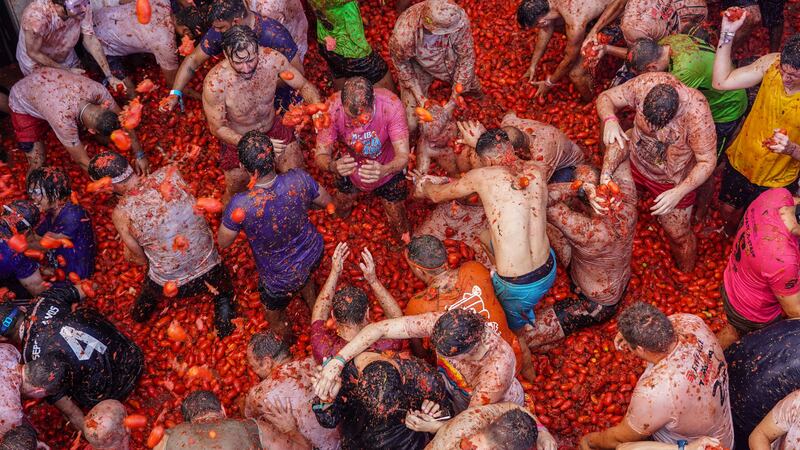 Some 130 tons of over-ripe tomatoes were unloaded from trucks onto the main street in the town of Bunol for participants to throw at one another.