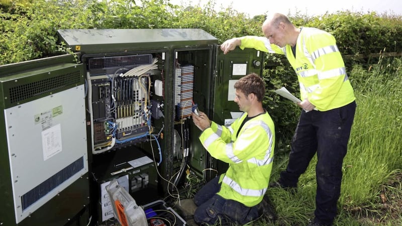 BT engineers work at a rural fibre cabinet. Photo: Darren Kidd/PressEye 