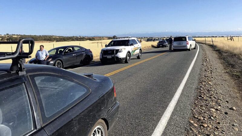 Traffic backs up outside Rancho Tehama, California after multiple people were killed in the shooting yesterday. Picture by Jim Schultz, The Record Searchlight via Associated Press 
