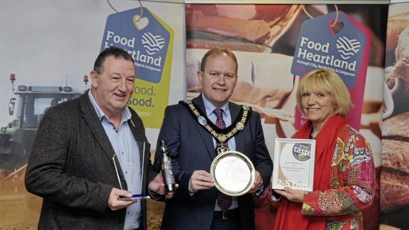Lord Mayor Gareth Wilson pictured with Susie Hamilton Stubber and Bob McDonald from Burren Balsamics, Richhill, who picked up four Great Taste Awards and three Irish Food Awards this year 