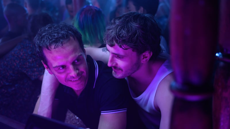 A scene from All of Us Strangers showing Andrew Scott as Adam and Paul Mescal as Harry