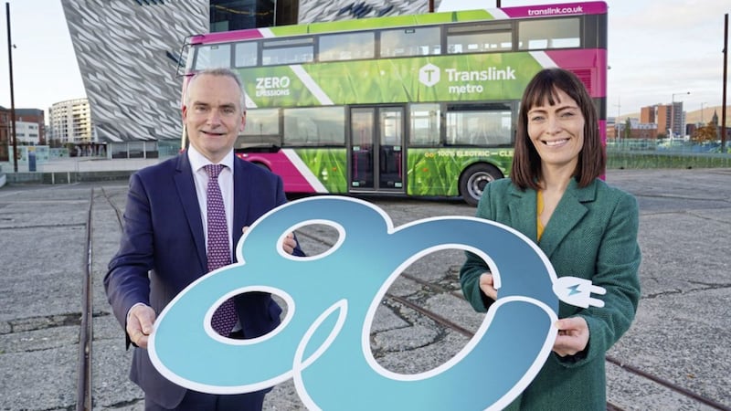 Infrastructure Minister Nichola Mallon and Chris Conway, Translink Group Chief Executive unveiling the first of 80 electric double decker buses due to be in passenger service in spring 2022. Picture by Aaron McCracken 