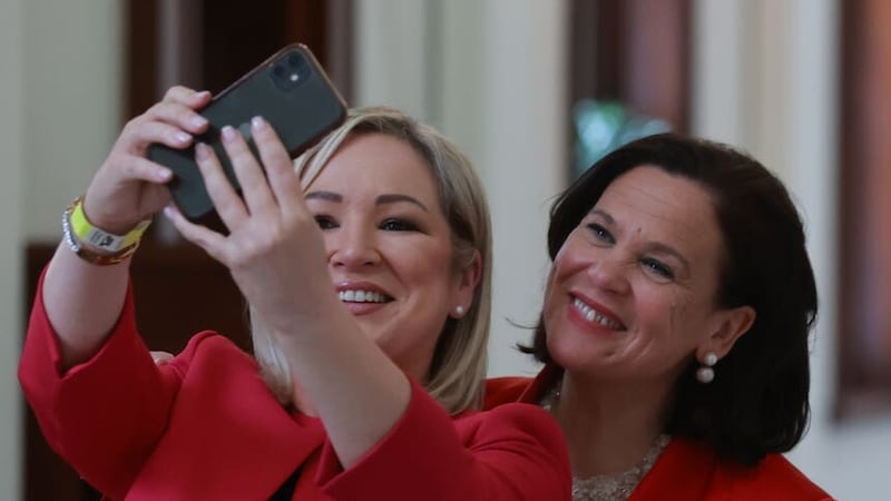 Sinn Fein Vice President Michelle O’Neill (left) and President Mary Lou McDonald at Belfast City Hall as the results come in for the Northern Ireland local elections (Liam McBurney/PA)