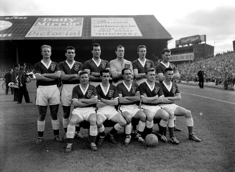 Terry Medwin (front row, second right) pictured with the Wales team before their game against Scotland in Cardiff in 1958