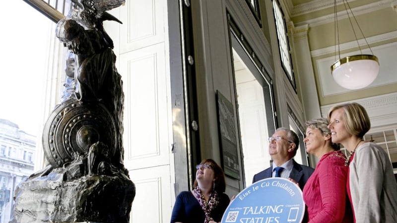 Visitors to the GPO can now get a &#39;call&#39; from Cu Chulainn with the launch of &#39;Talking Statues&#39;. From left: Anna Mc Hugh, GPO; Joe Duffy who wrote and voiced the statue of George Salmon; Deputy Lord Mayor, Cllr Aine Clancy; and Keelin Fagan from Failte Ireland 