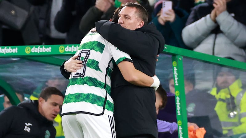 Celtic’s Oh Hyeon-Gyu is greeted by manager Brendan Rodgers (Steve Welsh/PA)