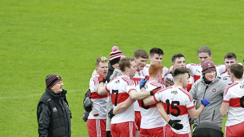 Derry manager Damian McErlain talks to his team before taking on Armagh in the Dr McKenna Cup match at the Athletic Grounds, Armagh on January 14 2018. Picture by Margaret McLaughlin. 