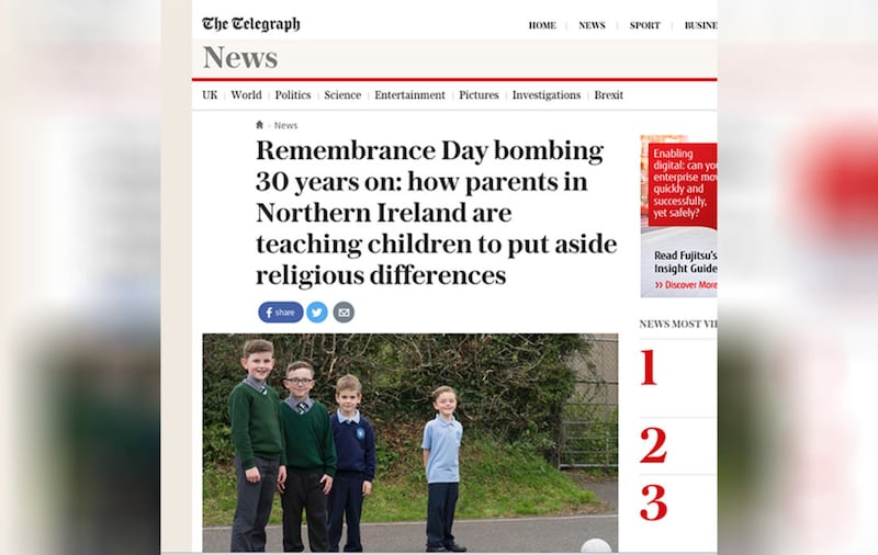 How the Daily Telegraph reported the views of Arlene Foster's son Ben (far left) on shared education&nbsp;