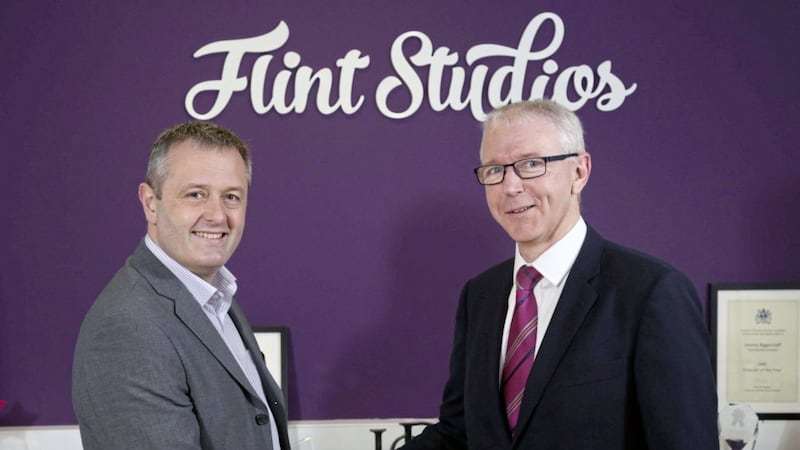 Jeremy Biggerstaff (left) of Flint Studios with Brian Dolaghan from Invest NI. Photo: Darren Kidd/PressEye 
