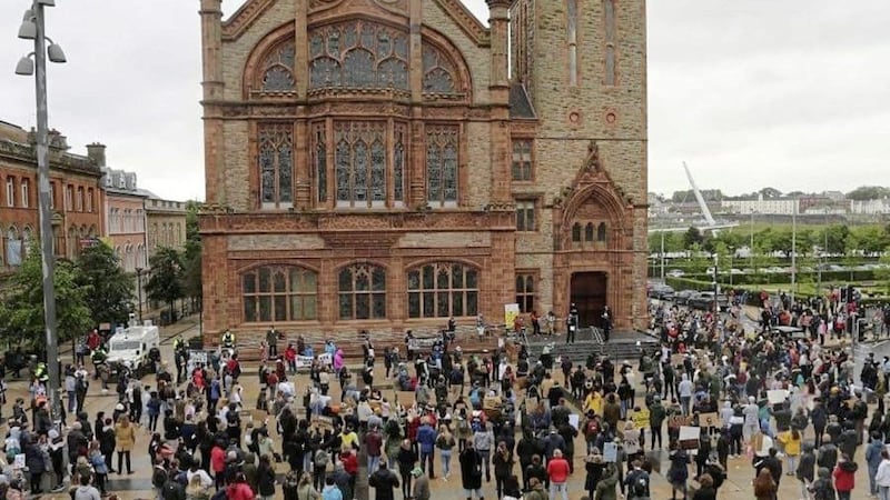 Several hundred people attended the Black Lives Matter protest at Guildhall Square in Derry last June. 