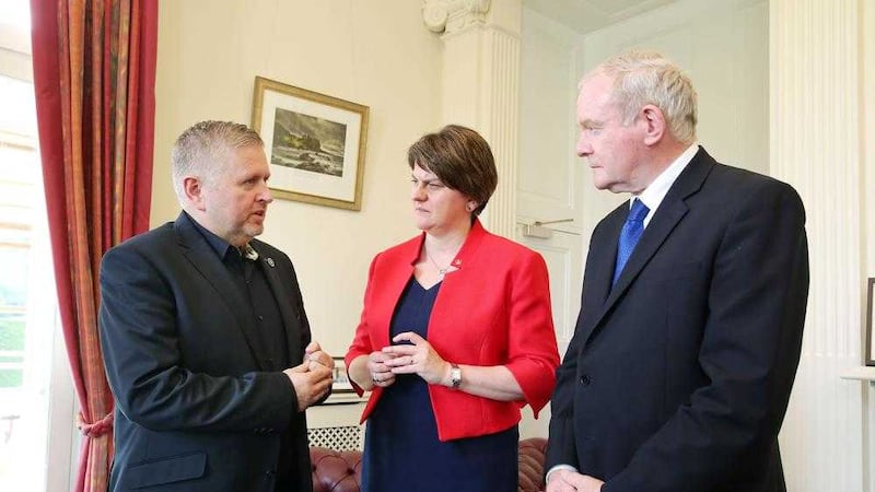 First Minister Arlene Foster and deputy First Minister Martin McGuinness (right) with Fr Gary Donegan (left) at Stormont Castle in Belfast. Picture by Kelvin Boyes, Press Eye 