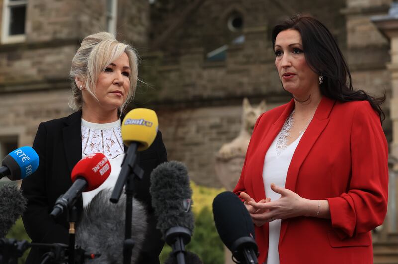 First Minister Michelle O’Neill and deputy First Minister Emma Little-Pengelly gave their first joint press conference outside Stormont Castle on Monday