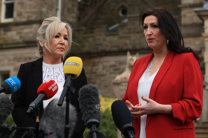First Minister Michelle O’Neill and deputy First Minister Emma Little-Pengelly before an Executive meeting on Monday