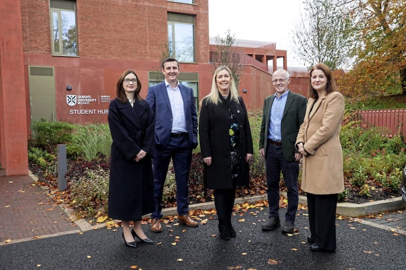 Pictured announcing the opening of registration for the 2024 NI Schools&rsquo; Business Challenge, which takes place in February, are (from left) Dr Danielle McConville (head of Queen&rsquo;s Business School&rsquo;s accounting department), Billy Moore (group financial director at Henderson Group), Bronagh Luke (Henderson Group), Professor Ciaran Connolly (Queen&rsquo;s Business School) and Laura Jackson (partner at BDO NI) 
