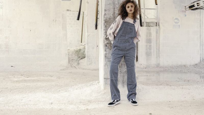 Dickies Ekwok Bib Overalls, &pound;90; Harmony T-Shirt Light Pink, &pound;35, available from Dickies (shoes, stylist&#39;s own) 