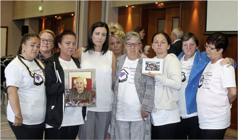 Some of the families at yesterday press conference in the Dunmurry Manor Care Home. Picture by Hugh Russell