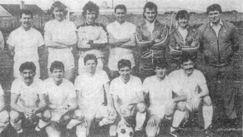 The Oldpark Celtic team, managed by Gerry Crossan (extreme right), who won the Buncrana Cup in 1986 