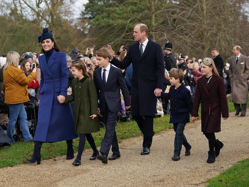 The Princess of Wales, Princess Charlotte, Prince George, the Prince of Wales, Prince Louis and Mia Tindall attending the Christmas Day morning church service at St Mary Magdalene Church