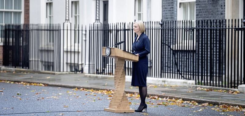 Prime Minister, Liz Truss makes a statement outside 10 Downing Street announcing her resignation. Picture by Stefan Rousseau/PA Wire