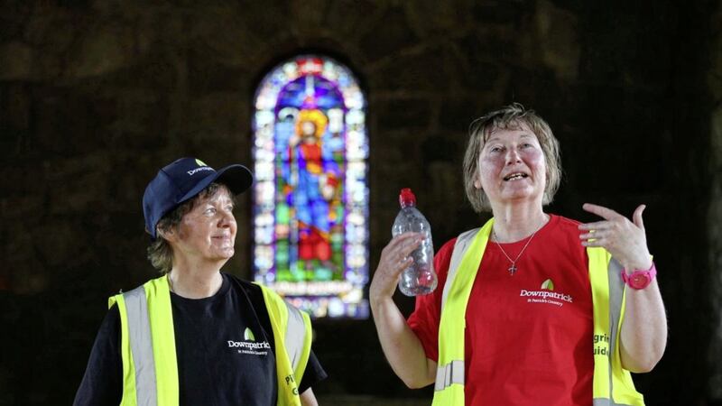 St Patrick&#39;s Way guides Elaine Kelly and Martina Purdy in St Patrick&#39;s Church of Ireland Church in Saul, Co Down. The women are leaving their jobs to return to religious life in Co Louth. Picture Mal McCann 
