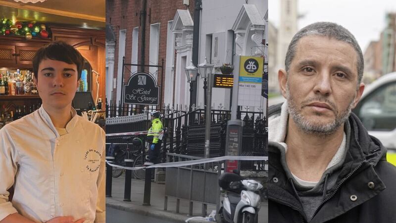 Alan Loren-Guille (left) and Caio Benicio (right), who intervened to help subdue the attacker at Parnell Square on Thursday (centre).
