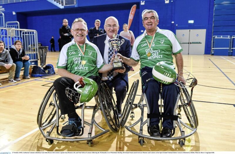 &nbsp;Uachtar&aacute;n Cumann L&uacute;thchleas Gael John Horan with Leinster captain Sean Bennett, left, and Paul Tobin of Leinster following the M Donnelly GAA Wheelchair Hurling All-Ireland Finals match between Munster and Leinster at the Sport Ireland National Indoor Arena in Abbotstown. Picture by Barry Cregg/Sportsfile