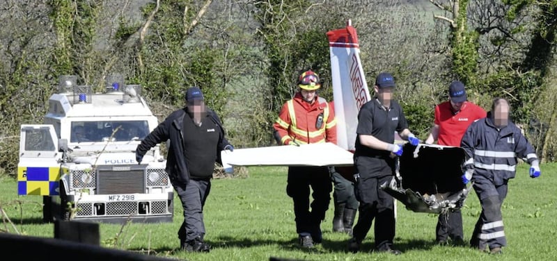 The Air Accident Investigation Branch and emergency services removed the wreckage of the Cessna 152 light aircraft from a field near Nutts Corner on Saturday.Picture by Alan Lewis/ PhotopressBelfast 