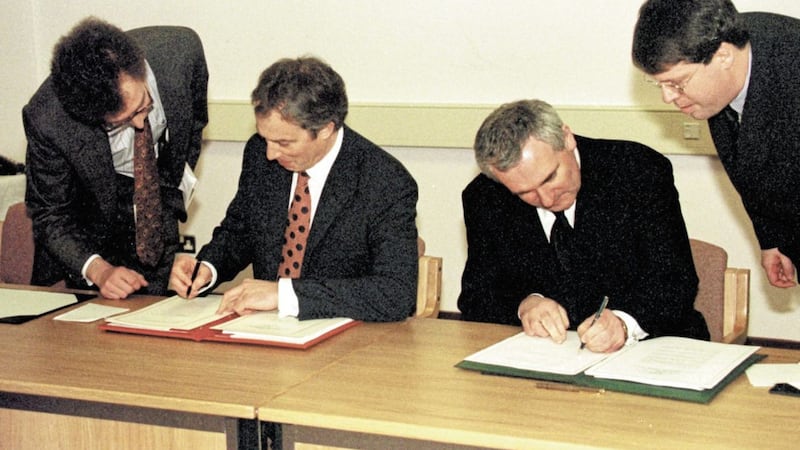 After protracted negotiations, the Good Friday Agreement was finally signed on April 10 1998, with the then-Prime Minister Tony Blair, pictured left, and then-Taoiseach Bertie Ahern putting their signatures to the powersharing deal. It helped bring about a &#39;new normal&#39; in Northern Ireland after decades of the Troubles. 