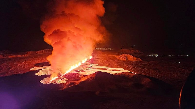 Aerial view of the volcano erupting (Almannavarnir via AP)