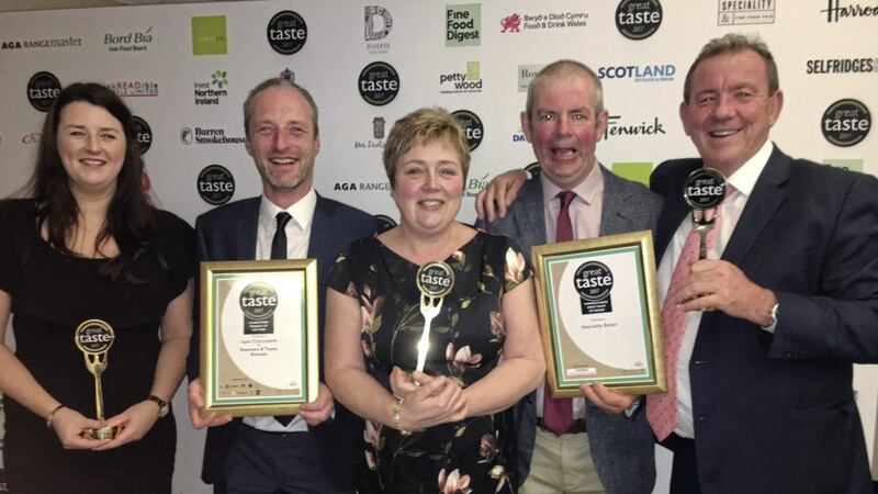 Janice and Jonathan Cuddy of Ispini Charcuterie, Allison and Will Abernethy of Abernethy Butter and Peter Hannan of Hannan Meats pictured after their success at the Great Taste Awards 