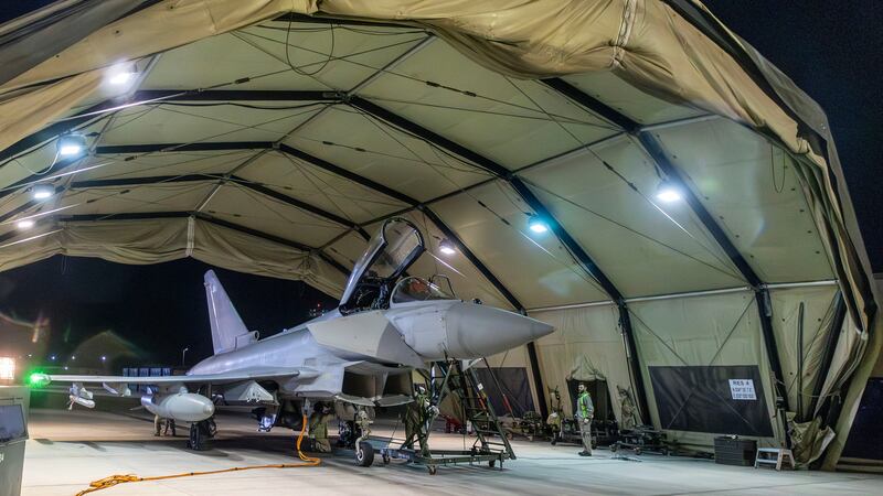 An RAF Typhoon aircraft returns to base in Cyprus after striking targets in Yemen (Sgt Lee Goddard/Ministry of Defence via AP)