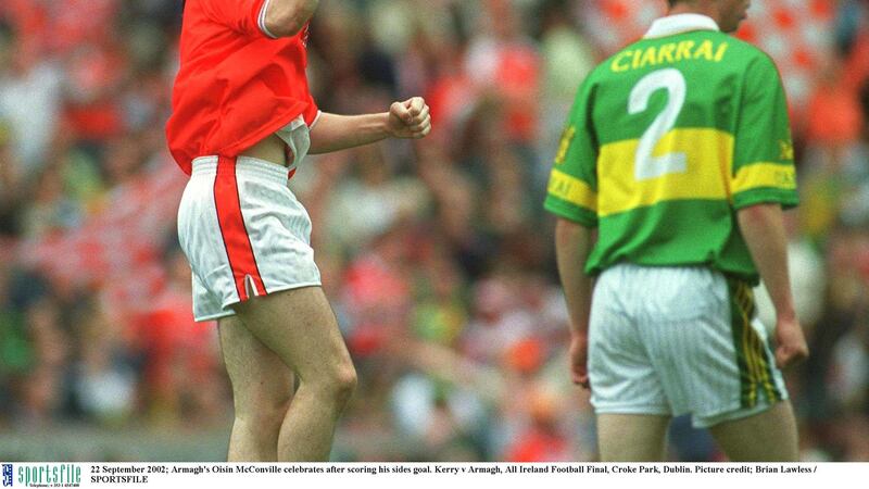 Oisin McConville celebrates his second-half goal in the 2002 All-Ireland SFC final against Kerry Picture by Sportsfile