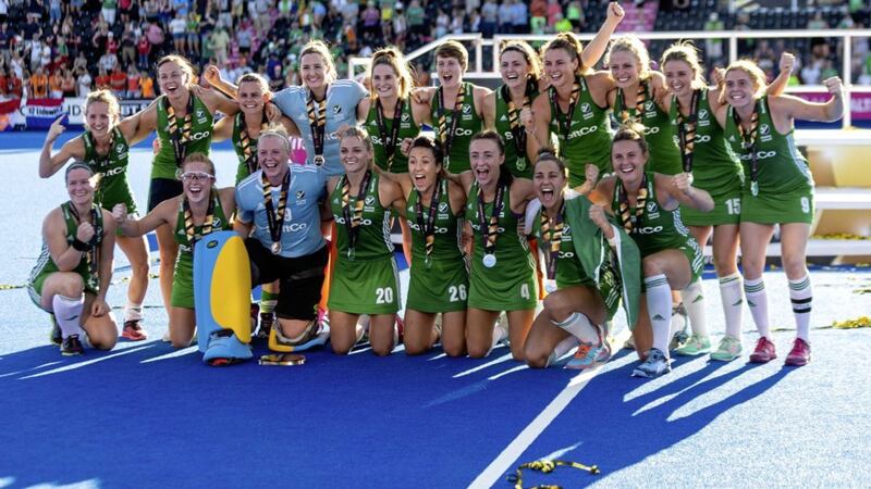 Ireland celebrate coming second in the Vitality Women&#39;s Hockey World Cup Final at The Lee Valley Hockey and Tennis Centre, London.               