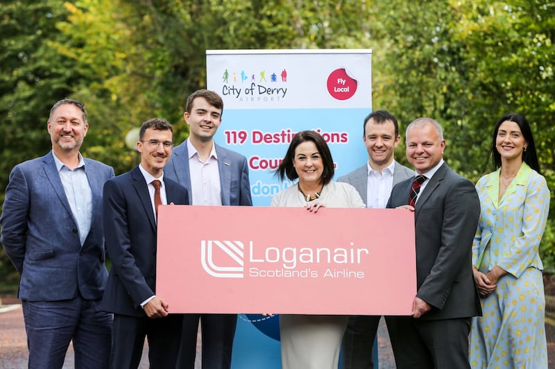 Members of Derry's business community join City of Derry Airport boss Steve Frazer (left) and Loganair CEO Jonathan Hinkles (second from right) at the Everglades Hotel on Tuesday afternoon.
