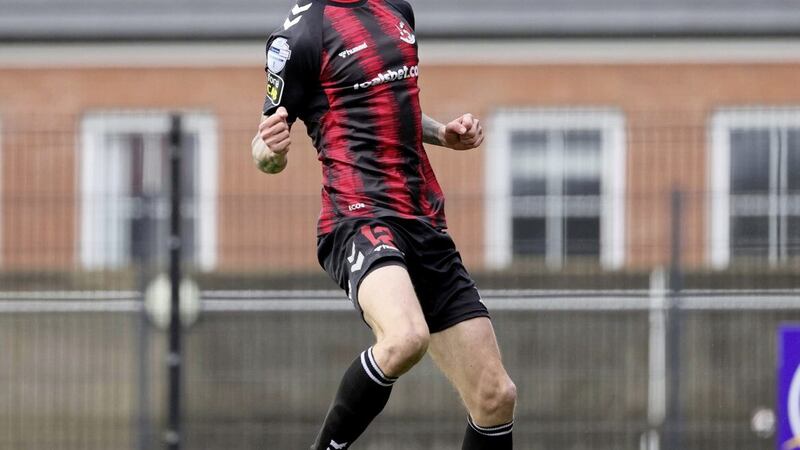 Declan Caddell celebrates after scoring the only goal of the game in Crusaders&#39; Samuel Gelston&rsquo;s Whiskey Irish Cup semi-final win over Dungannon Swifts at Mourneview on Saturday 