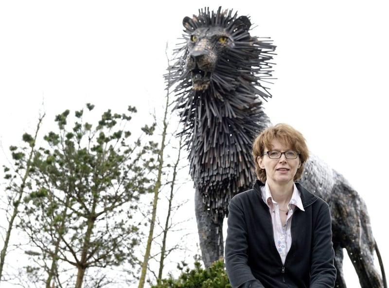 Playwright and author Rosemary Jenkinson, pictured in front of the sculpture of Aslan at CS Lewis Square in east Belfast, explores ideas of identity and modern life in Northern Ireland. 