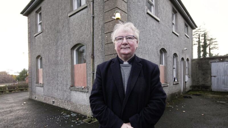 Fr Joe McVeigh at Tattygar House, Lisbellaw where windows were smashed in a sectarian attack. Picture by Ann McManus 