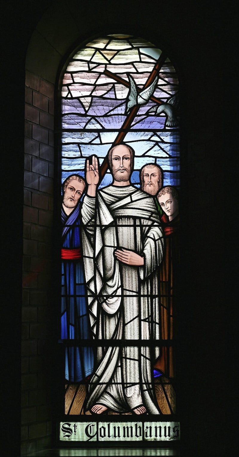 Detail from the stained glass window dedicated to St Columbanus at Ballyholme Parish Church, Bangor. Picture courtesy of Ards and North Down Borough Council 