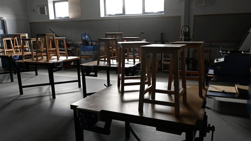 Empty classrooms at Col&aacute;iste Feirste. Schools remain open to a small number of pupils. 