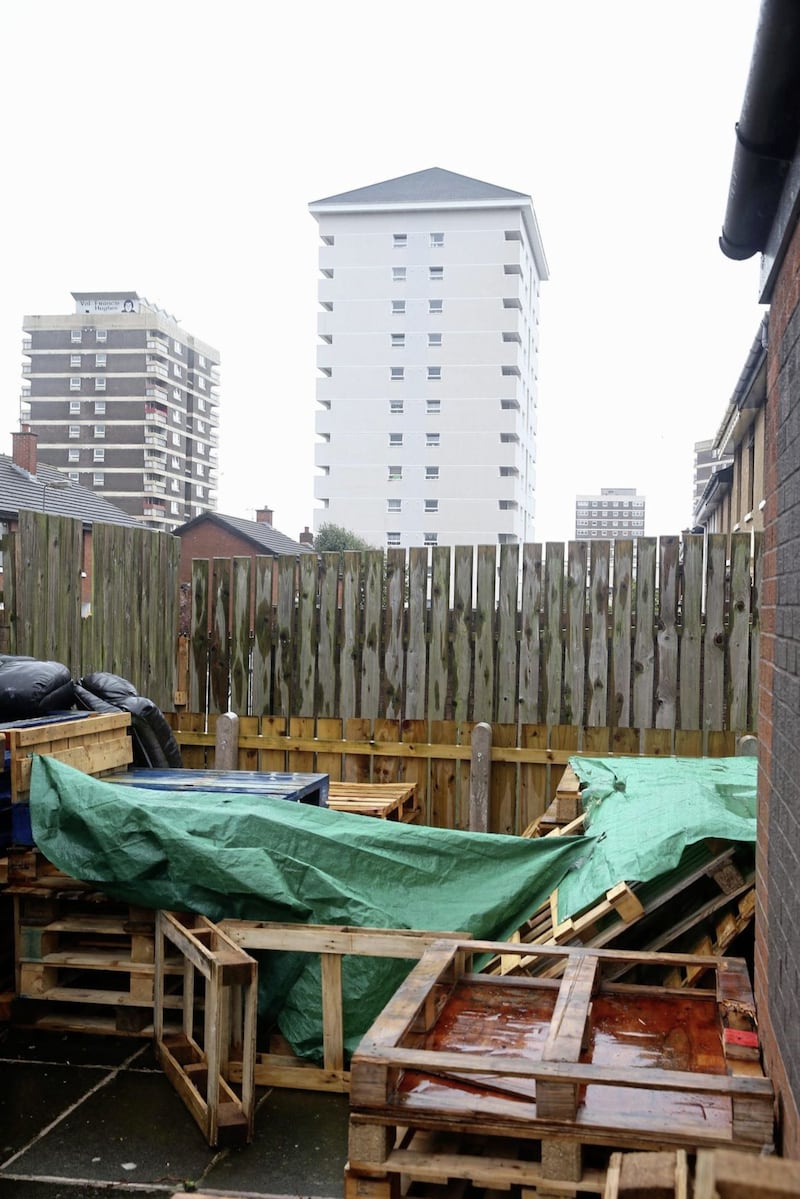 Wooden pallets being stored at a property in the New Lodge area of north Belfast&nbsp;