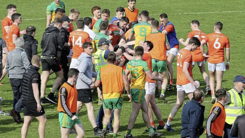 Donegal and Armagh fight on the final whistle during the National Football League Division 1 match played at O&#39;Donnell Park, Letterkenny on Sunday 27th March 2022. Picture Margaret McLaughlin. 