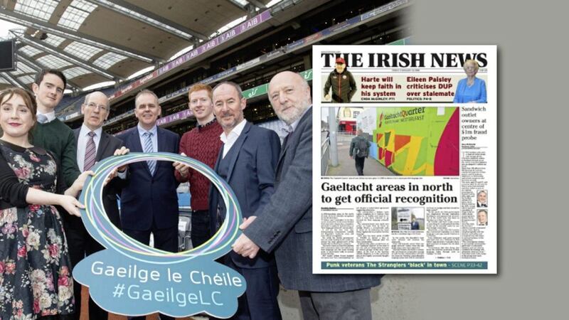 The launch in Croke Park of the Irish language networks initiative, and inset, how The Irish News reported on the announcement 