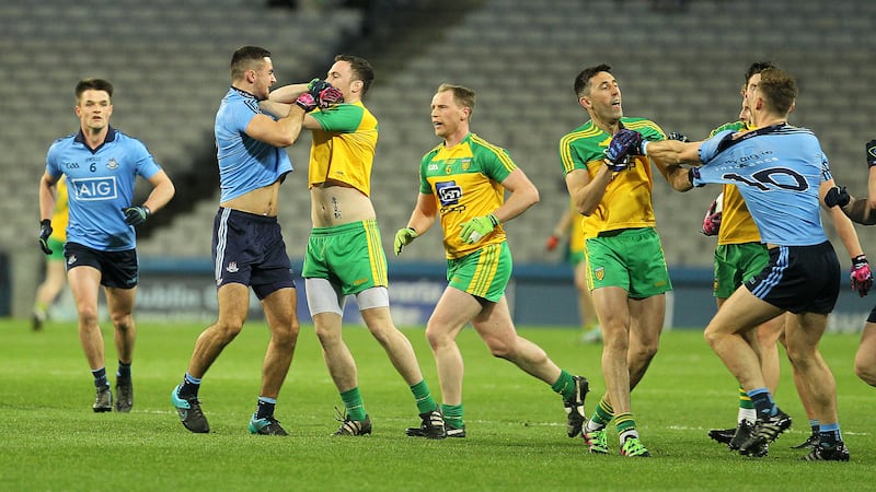 Dublin&rsquo;s James McCarthy tangles with Donegal&rsquo;s Martin McElhinney during Saturday night&rsquo;s NFL Division One clash at Croke Park<span class="Apple-tab-span" style="white-space: pre;">			<br /></span>Picture by Philip Walsh&nbsp;