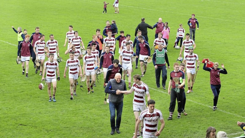 Slaughtneil leave the field after beating Dunloy during the Ulster Club Senior Hurling Championship semi-final at Owenbeg on Sunday. Picture by Margaret McLaughlin. 