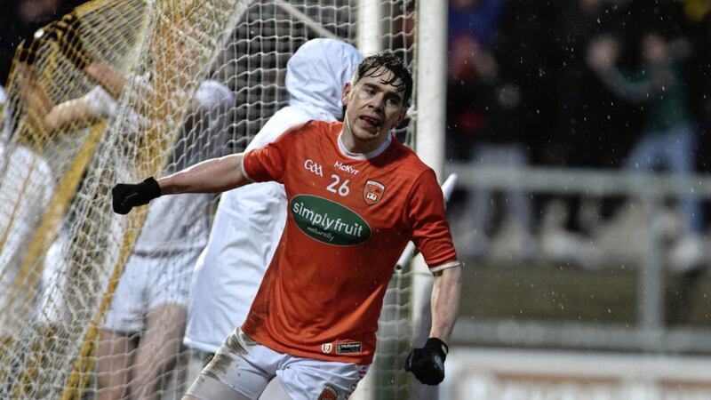Armagh&#39;s Andrew Murnin celebrates scoring the only goal of the game in their win over Kildare in the Allianz Football League Division One match at the Athletic Grounds Picture: John Merry 