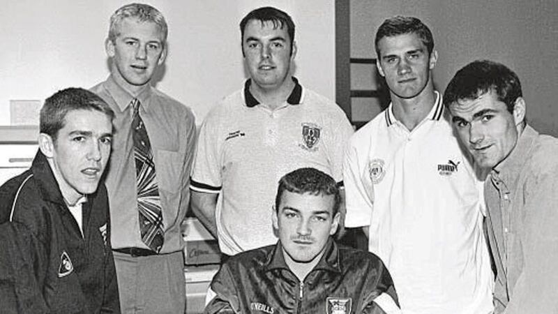 Pictured are the select Ulster University five with (from left) Joe Cassidy, Shane King and Sean Martin Lockhart in front backed by Barry Duffy, Michael McMullan (chairman) and John McEntee. 